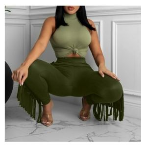 Sexy fringe side hight waist olive color pants
